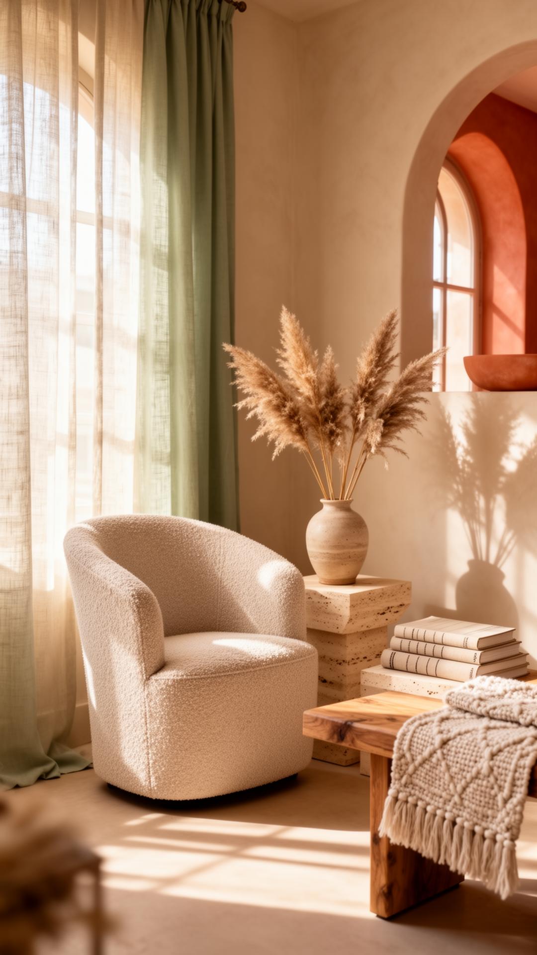 Sun-lit boutique short-term rental interior with sage curtains, boucle armchair, and travertine accents